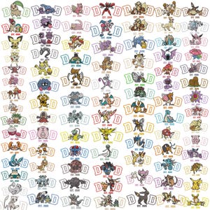 Può includere: Una collezione di numerose piccole e colorate illustrazioni di creature dei cartoni animati disposte in una griglia. Ogni personaggio è incorniciato da due grandi lettere D e dal testo EST. 2026. Le creature presentano design e colori vari.