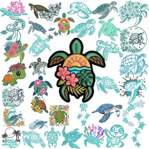 May include: A collection of turtle designs in various styles. The images include turtles with floral accents, tropical scenes, and detailed illustrations. The color palette features shades of green, blue, and brown, with pops of pink and yellow.