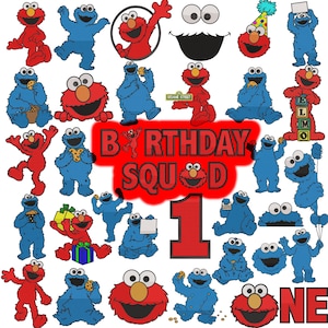 May include: A collection of Sesame Street character illustrations featuring Elmo and Cookie Monster in various poses, including eating cookies, holding gifts, and balloons. The text reads BIRTHDAY SQUAD, 1, and ONE in bold red lettering.
