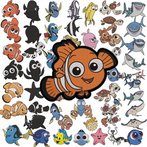 May include: A collection of colorful cartoon fish and sea creatures, including clownfish, turtles, sharks, and starfish. The central image is a large, embroidered orange clownfish with white stripes and a smiling face. Other designs include black silhouettes and various fish species.