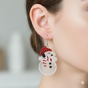 May include: A pair of dangle earrings featuring a snowman design. The snowman has a red hat and scarf, with black button eyes and a black smile. The earrings are made of a white, perforated material.