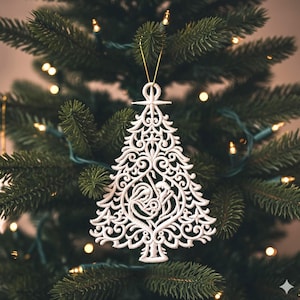 May include: A white, ornate Christmas tree decoration in the shape of a tree. The decoration is suspended by a gold string and features a detailed, openwork design. It hangs on a green Christmas tree with fairy lights.