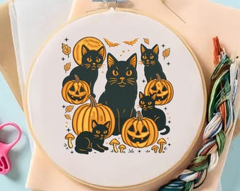 Diseños de bordado de gato negro y calabaza: Patrón de Halloween (Descarga instantánea, 6 tamaños, varios formatos)