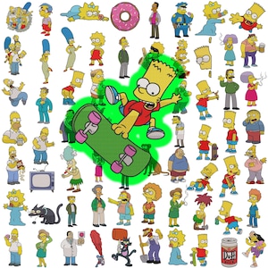 May include: A collection of various cartoon character stickers featuring yellow-skinned figures in diverse poses and outfits, including a central image of a boy on a green skateboard with pink wheels, surrounded by numerous smaller individual character illustrations.