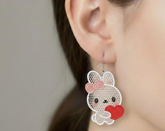 Pendientes de corazón de conejo FSL con diseños bordados, descarga instantánea en 3 tamaños