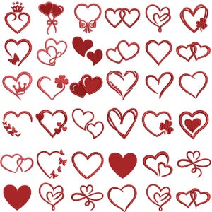 May include: A collection of thirty red heart embroidery designs arranged in a grid. The set features various styles including solid hearts, outlined hearts, hearts with crowns, butterflies, bows, and clover motifs, all rendered in a consistent red thread.