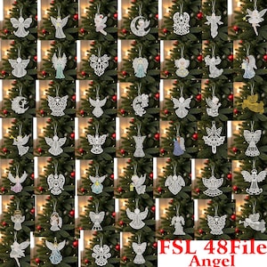 May include: A collection of 48 white lace-style angel ornaments featuring intricate cut-out patterns and various poses, each suspended by a thin string. The ornaments are displayed against a blurred green Christmas tree background.