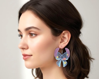 Pendientes colgantes con lazo bordado FSL Stitch. Diseños de bordado. Descarga instantánea en 3 tamaños.
