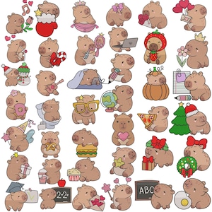 May include: A collection of brown capybara stickers featuring various activities and accessories, including a capybara with a strawberry hat, a pumpkin, a pizza slice, a laptop, a donut, a burger, a Christmas tree, and a chalkboard with ABC text.