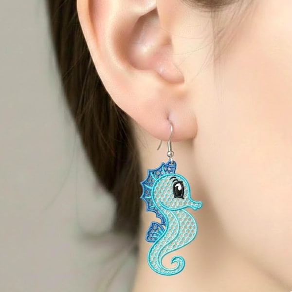 FSL Adorable Cyan Seahorse Lace Earrings Embroidery Designs Instant 3 size Download