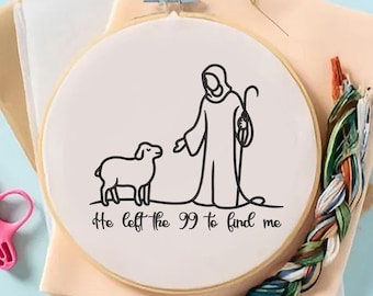 May include: Black and white line drawing of a shepherd with a staff and a sheep. The text "He left the 99 to find me" is below the drawing.