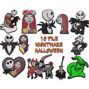 May include: A collection of 10 embroidered patches featuring characters from "The Nightmare Before Christmas." The patches include Jack Skellington, Sally, and other characters in various poses. The text "10 FILE NIGHTMARE HALLOWEEN" is also present.