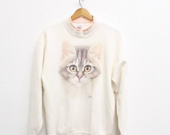 Vintage 80s Kitty Cat Sweatshirt, White Cat Lover Crewneck, Size Medium