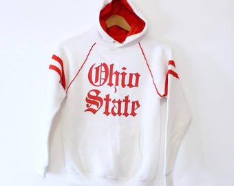Vintage 80s Ohio State University Buckeyes Hooded Sweatshirt, White OSU College Hoodie, Size Small