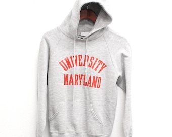 Vintage 80s University of Maryland Terrapins Hooded Sweatshirt, Gray College Hoodie, Size Medium