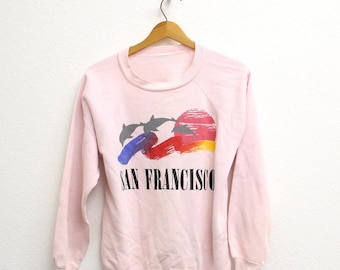 Vintage 80s San Francisco Dolphin Sunset Sweatshirt, Pink California Souvenir Crewneck, Size Medium