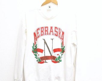 Vintage 90s University of Nebraska Cornhuskers Sweatshirt, White Huskers College Crewneck, Size Large