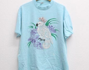 Vintage 80er-Jahre Nymphensittich-T-Shirt, blaues Vogel-Motiv, Größe XL