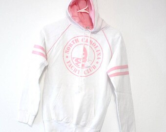 Vintage 80s North Carolina Yacht Club Hooded Sweatshirt, White Sailing Hoodie, Size Small