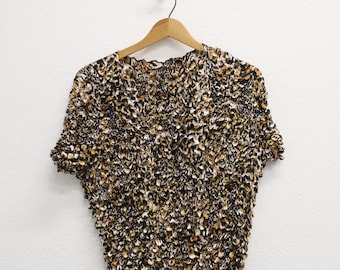 Vintage 2000s Leopard Popcorn Shirt, Stretchy Crinkle Bubble Texture Top, Women’s Size Large