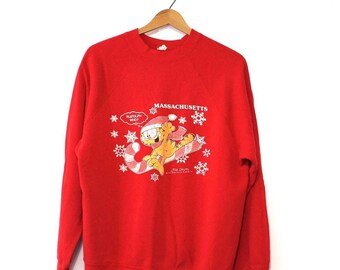 Vintage 80s Garfield Massachusetts Christmas Sweatshirt, Red Holiday Crewneck, Size XL