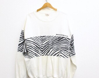 Vintage 80s Boca Raton Florida Zebra Sweatshirt, White Animal Print Souvenir Crewneck, Size XL