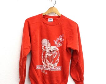 Vintage 80s Kitty Cat Sweatshirt, Red Butterflies and Hearts Cat Lover Crewneck, Size Medium