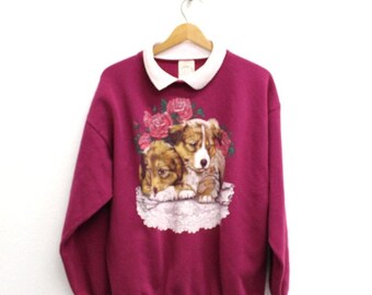 Vintage 90s Puppy Dog and Roses Sweatshirt, Purple Floral Animal Crewneck, Size Large