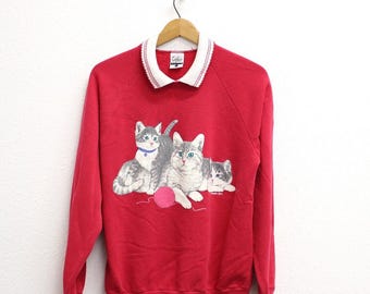 Vintage 90er-Jahre-Sweatshirt mit Katzen- und Wollknäuel-Motiv, rosa Pullover für Katzenliebhaber, Größe L