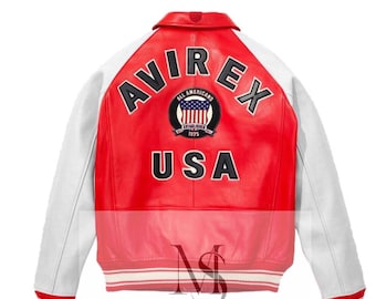 Avirex USA Leather Varsity Jacket, Men's Red and White Bomber Jacket, Letterman, American Flag Patch Biker