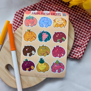 Hippo Sticker Sheet, Fruit Theme, Matte Kiss-Cut Stickers for Junk Journals, Notebooks, Planners