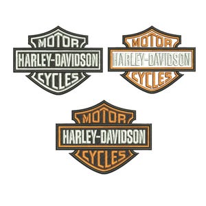 May include: Three embroidered Harley-Davidson patches in a shield shape. Each patch features the words "MOTOR HARLEY-DAVIDSON CYCLES" in a rectangular banner. The patches are in black, orange, and gold.
