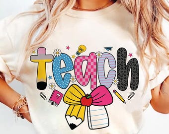 Preppy Teacher Pencil Coquette Bow png, Checkered Teacher png, Teacher groovy png, Preppy Teach Love Inspire png, Teacher Pencil bow png svg