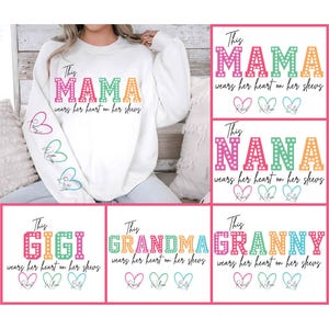 This Mama/Grandma/Nana Wears Her Heart on Her Sleeve png, Custom Kids Names, Mothers Day Shirt Design png, Personalized Mom Sublimation png