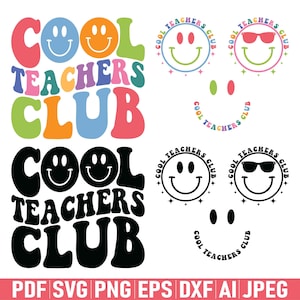 Könnte beinhalten: Ein farbenfrohes Grafikdesign mit dem Text "Cool Teachers Club" in einer Retro-Schriftart. Das Design zeigt ein lächelndes Gesicht mit Sonnenbrille und ein lächelndes Gesicht mit Augen. Das Design ist perfekt für Lehrer, Schüler und alle, die Lehrer feiern möchten.