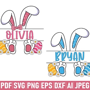 May include: Two Easter bunny ears with a name and Easter eggs. The bunny ears are white with pink and blue polka dots. The names are "Olivia" and "Bryan". The eggs are yellow and blue with white flowers.