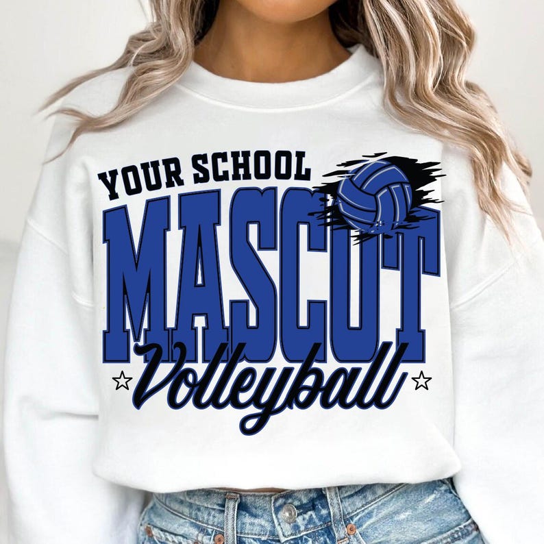 May include: A white crewneck sweatshirt featuring a graphic print in blue and black. The text reads YOUR SCHOOL MASCOT Volleyball, accompanied by a blue volleyball illustration. The design is centered on the chest of the long-sleeved garment.