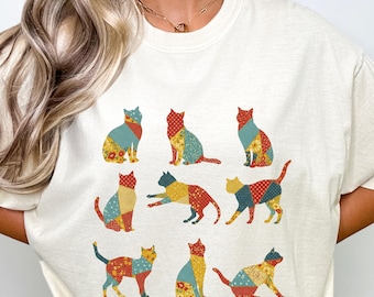 Cat Shirt, Quilt T-Shirt Gift For Cat Lover, Sewing Gift For Cat Mom, Patchwork Quilt Cat Gift For Animal Lover, Oversized Sew Shirt for Mom