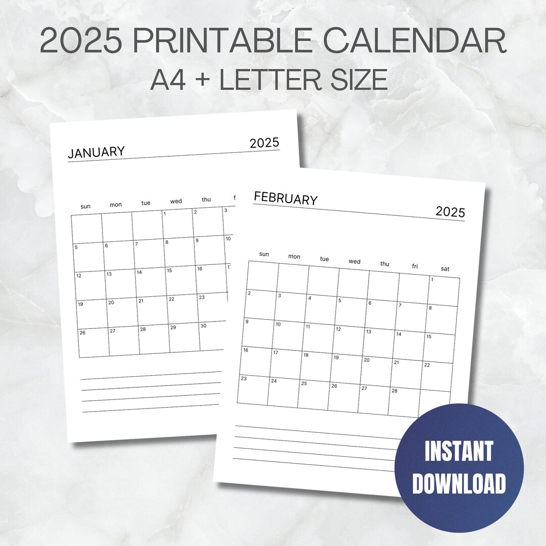 2025 Printable Calendar | Minimalist Monthly Planner | A4 & US Letter