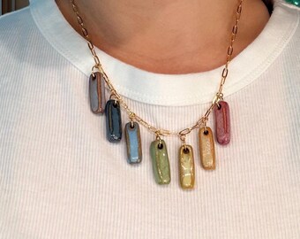 Rainbow clay bar charm necklace, 17" gold filled paperclip chain, handmade colorful pride jewelry