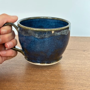 wheel-thrown stoneware mug - blue green and white froth