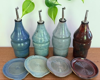 Olive oil bottle dispenser ceramic cruet & spoon rest / garlic grater - blue pink red sets