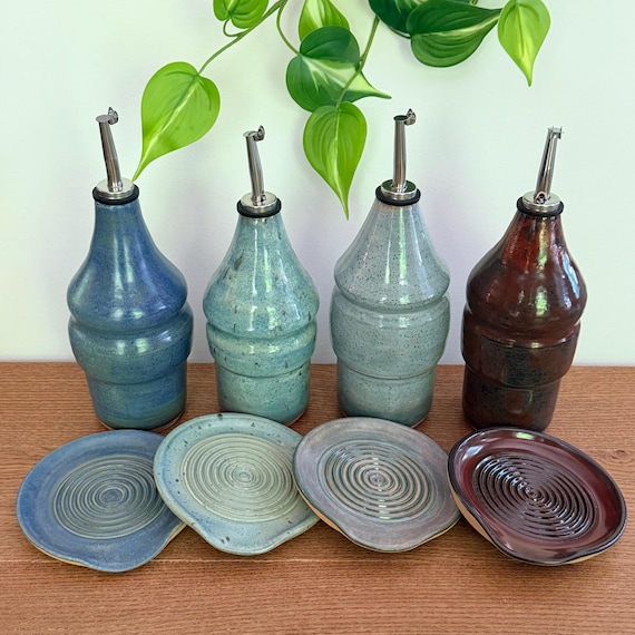 Olive oil bottle dispenser ceramic cruet & spoon rest / garlic grater - blue pink red sets