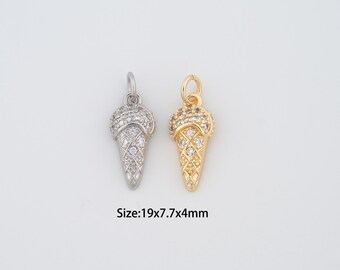 May include: Two ice cream cone charms, one silver-toned and one gold-toned, each encrusted with clear crystals. The charms are 19mm long, 7.7mm wide, and 4mm thick. The text on the image reads: Size: 19x7.7x4mm.