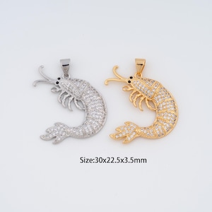 18K Gold Filled Shrimp Charms,Micro Pave Marine Life Pendant for Bracelet Necklace DIY Jewelry Making Supply