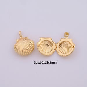 May include: Gold-colored seashell pendant, one closed and one open, revealing an interior. The open pendant shows the inner details. The text on the image reads: Size: 30x22x8mm.