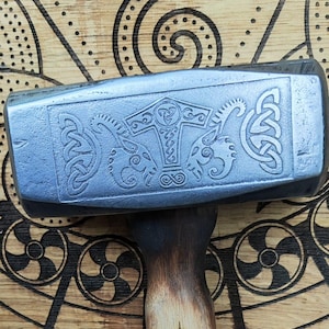 Engraved Viking Thor&#39;s Hammer - Hand Carved Wooden Handle and Metal Head - Spiritual Decorative Item, Norse Mythology Gift