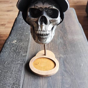 Silver Resin Celtic Skull Cap Holder - Cap Stand with Solid Oak Base, Steel Rod, Viking Decor