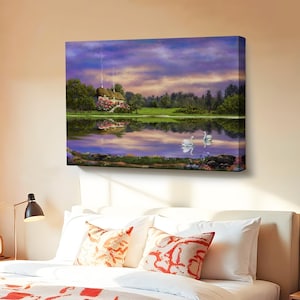 Waldhaus am See Landschaft Ölgemälde Look Dekorative Leinwand Wandkunst, Natur Leinwand Dekor, Natur Leinwand Druck, Natur Wanddekor