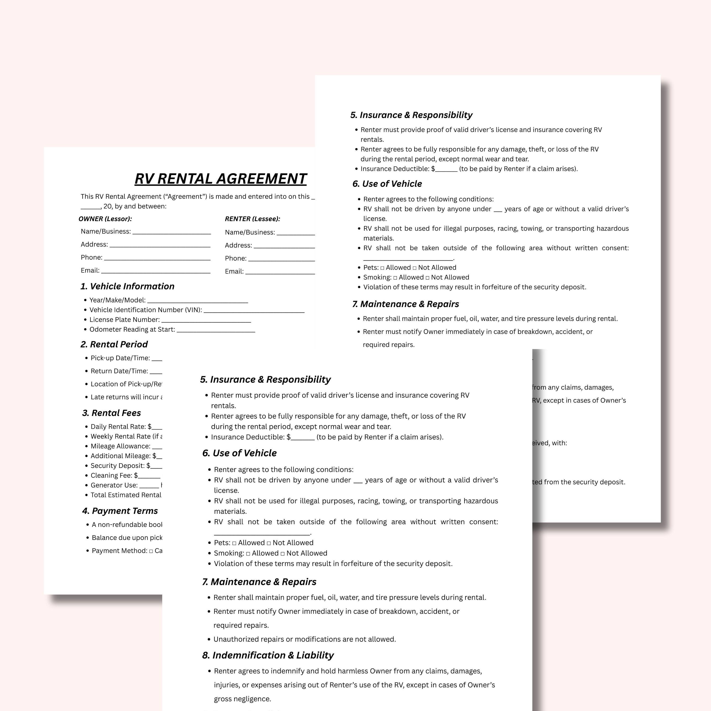 RV Rental Agreement Template: US Letter, Editable Canva Contract ...